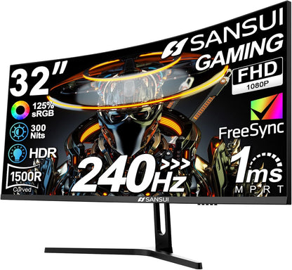 SANSUI 32 Inch Curved 240Hz Gaming Monitor with Speakers, High Refresh Rate FHD 1080P Gaming PC Monitor Curved 1500R, 1ms(MPRT), HDR, HDMI DP, Metal Stand, VESA Compatible (ES-G32C3F DP Cable Incl.)