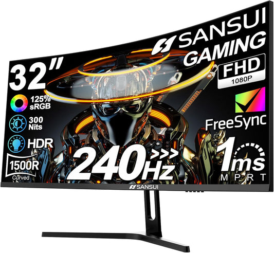 SANSUI 32 Inch Curved 240Hz Gaming Monitor with Speakers, High Refresh Rate FHD 1080P Gaming PC Monitor Curved 1500R, 1ms(MPRT), HDR, HDMI DP, Metal Stand, VESA Compatible (ES-G32C3F DP Cable Incl.) - PuriLite