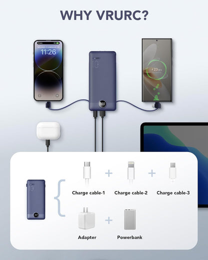 Portable Charger for iPhone, 10000mAh Power Bank with Built-in Cables & AC Wall Plug, USB C Phone Charger 5 Output External Battery Pack Compatible with iPhone Samsung Google Pixel Android -White