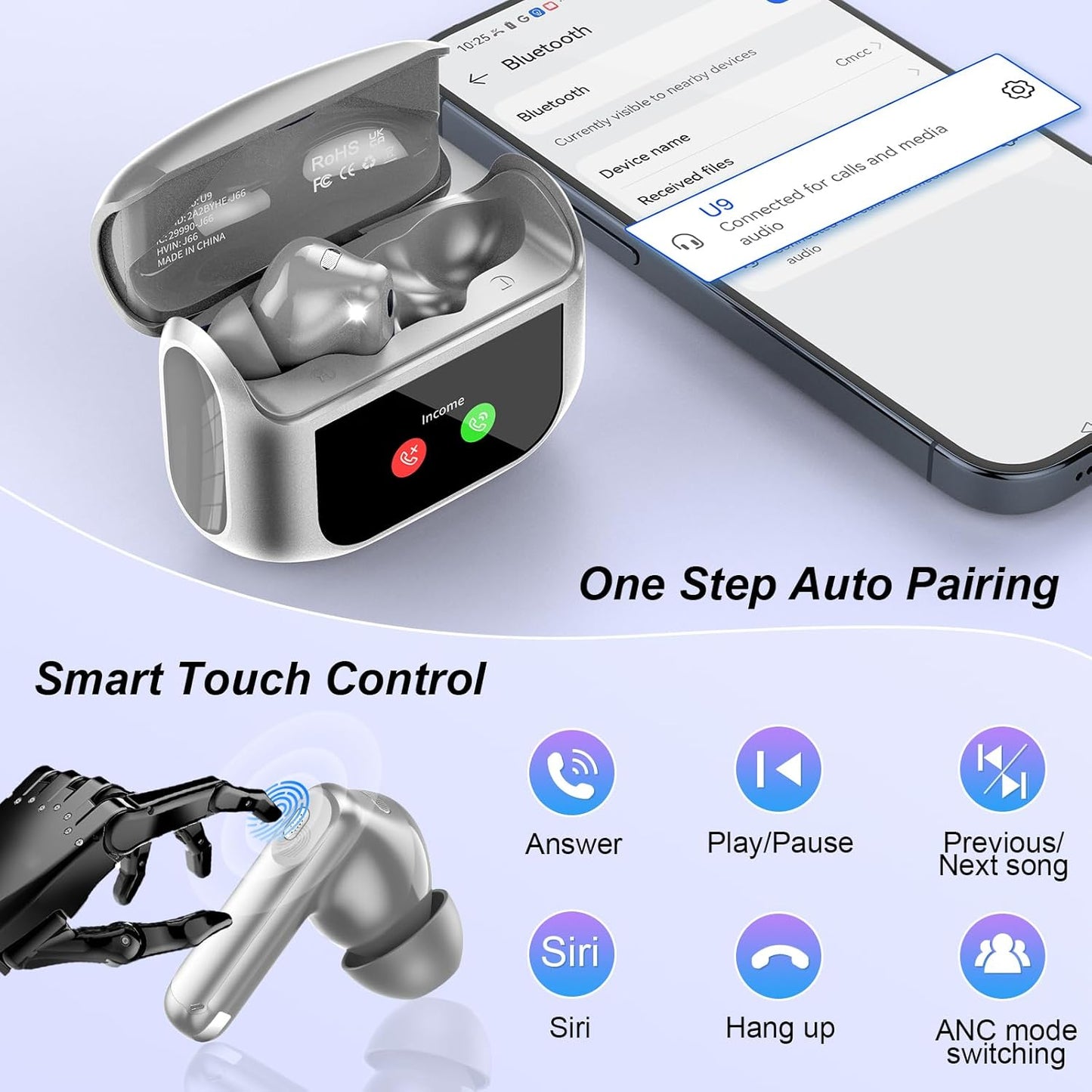 Wireless Earbuds, Bluetooth 5.4 Ear Buds with Multifunctional Touch Screen, 48H HiFi Stereo Headphones, ANC/ENC Noise Cancelling Mic, IPX7 Bluetooth Earbuds with 5 EQ Modes, in Ear Earphones, Black