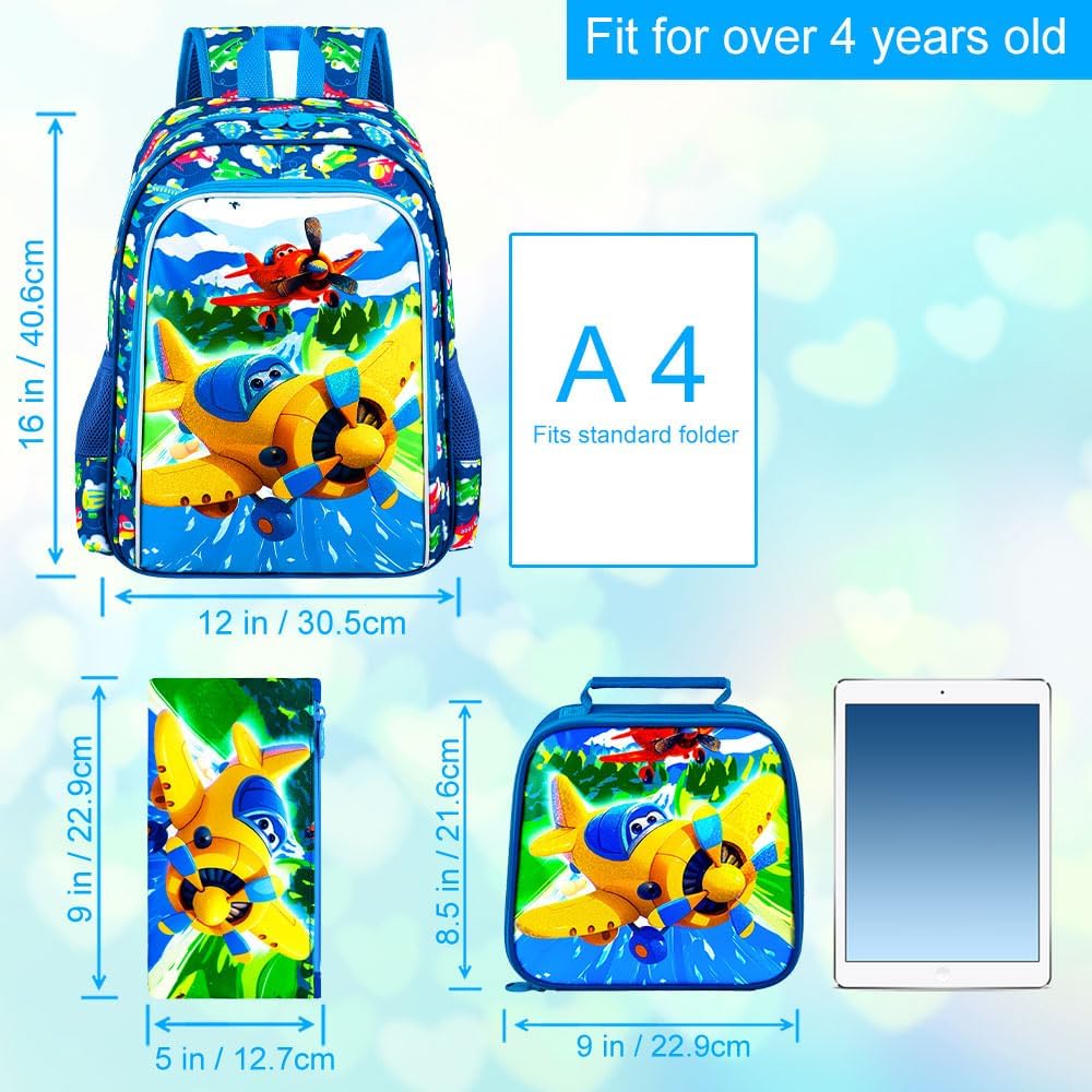 3pcs Backpack for Boys and Girls, 16” Kids Kindergarten Bookbag with Lunch Box, Cute Elementary Backpacks for Boy Girl