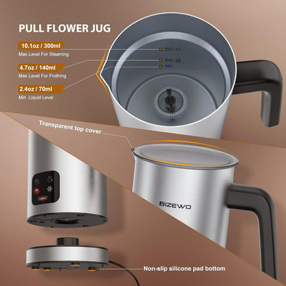 Milk Frother Electric, Coffee Frother, Warm and Cold Milk Foamer, BIZEWO 4 in 1 Automatic Milk Warmer Stainless Steel with Touch Screen, for Coffee, Latte, Hot Chocolate