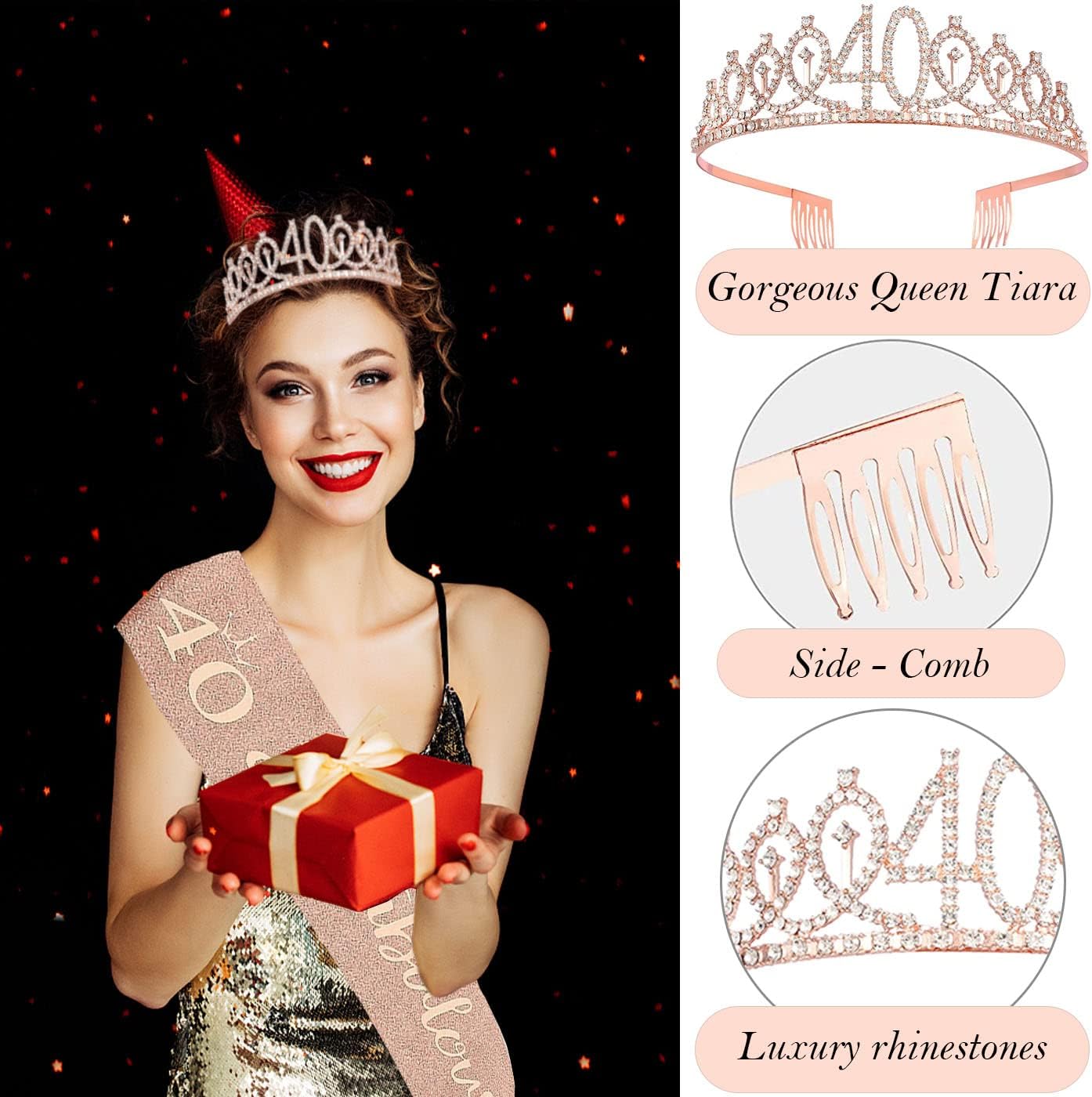 8pcs 40th Birthday Decorations gifts for Women, Including 40th Happy Birthday Cake Topper, Queen Sash with Pearl Pin, Sweet Rhinestone Tiara Crown for Women, Number Candles and Balloons (Rose Gold)