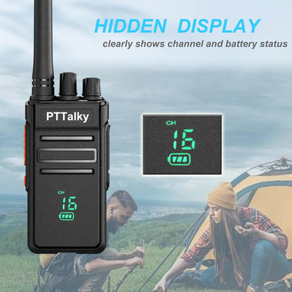 PTTalky FR1 Walkie Talkies for Adults Long Range, Rechargeable 2-Way Radio Walkie Talkie with Charge Cable Charger Dock for Hunting Commercial Cruises (2 Pack)