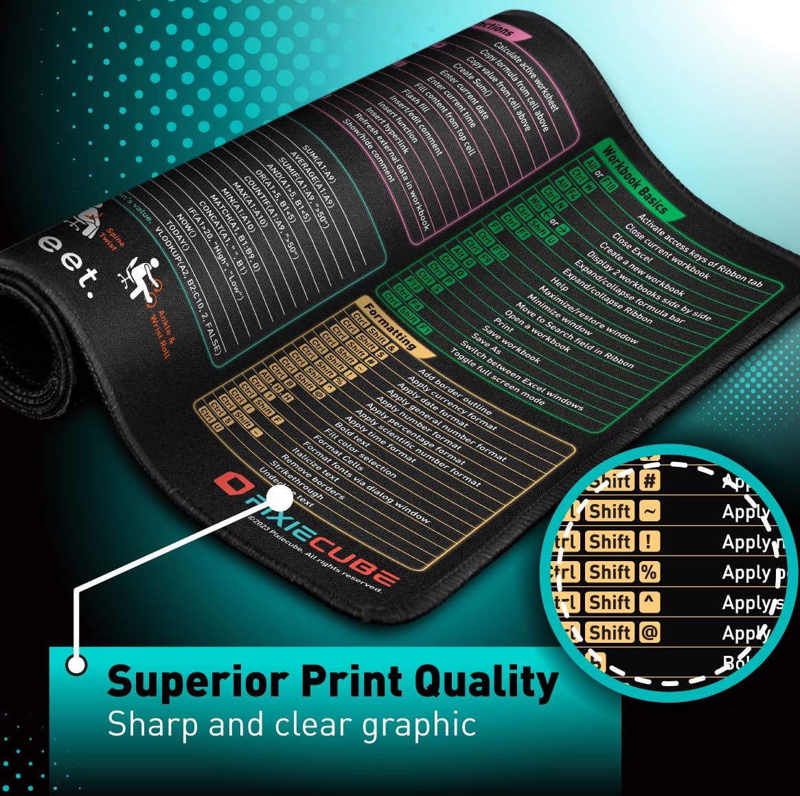Excel Shortcut Keys Mouse Pad – Large XL Non-Slip Gaming & Office Desk Mat, Extended Rubber Mousepad with Cheat Sheet for PC & Spreadsheet Productivity