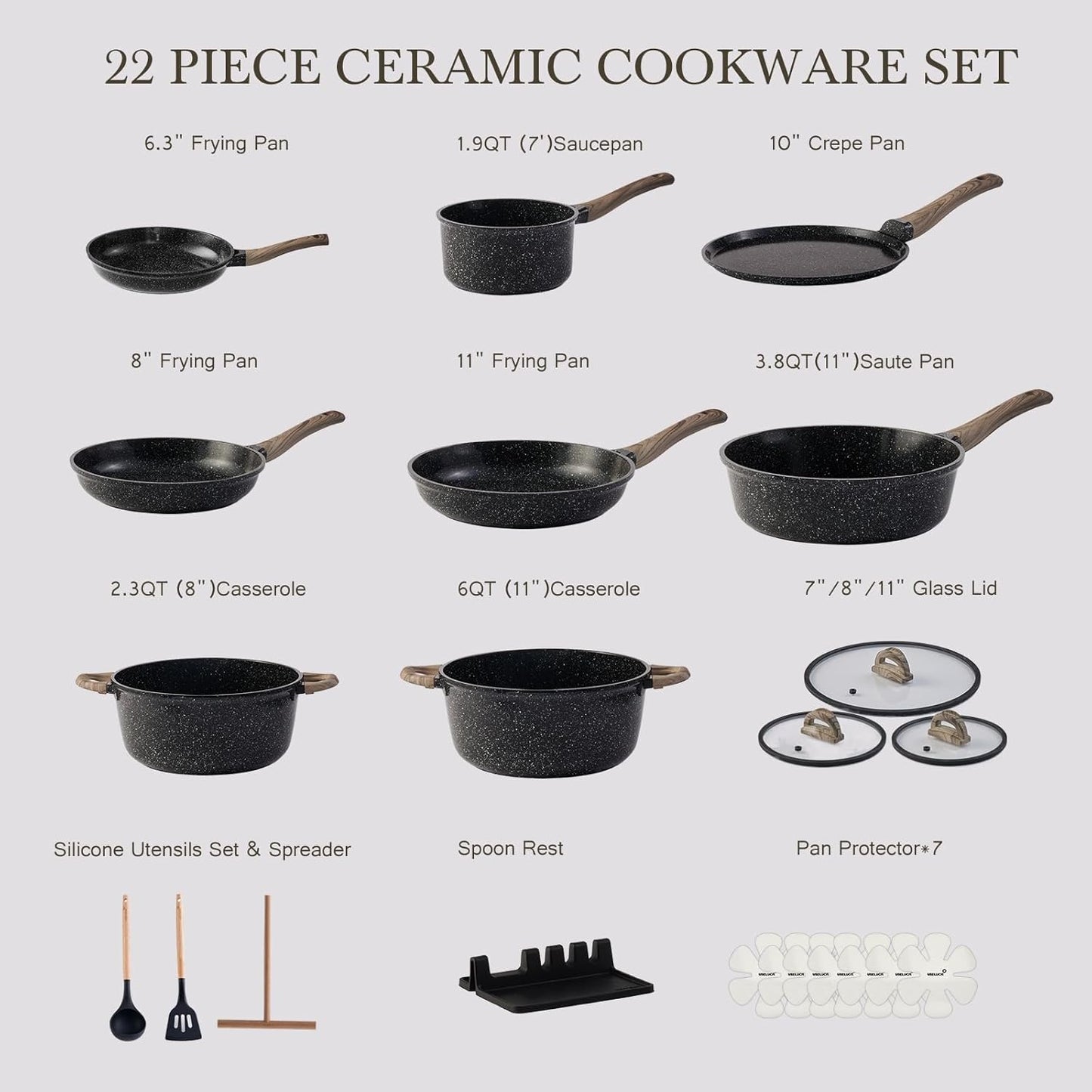 Ceramic Cookware Set 22 Piece Nonstick Pots and Pans Set Non Stick Kitchen Cooking Sets 8" Frying Pans with Lid,Black Granite Non-Toxic Induction Kitchen Cookware w/Glass Lids PFOS/PFOA-Free