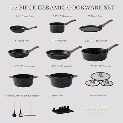 Ceramic Cookware Set 22 Piece Nonstick Pots and Pans Set Non Stick Kitchen Cooking Sets 8" Frying Pans with Lid,Black Granite Non-Toxic Induction Kitchen Cookware w/Glass Lids PFOS/PFOA-Free
