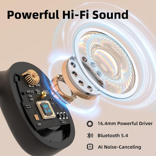 Oraolo Open Ear Headphones, Bluetooth 5.4 Wireless Earbuds with 16.2mm Large Driver, Open Ear Earbuds with AI Noise-Canceling, 32H Playtime, Water-Resistant Headphones for Outdoor (Black) - PuriLite