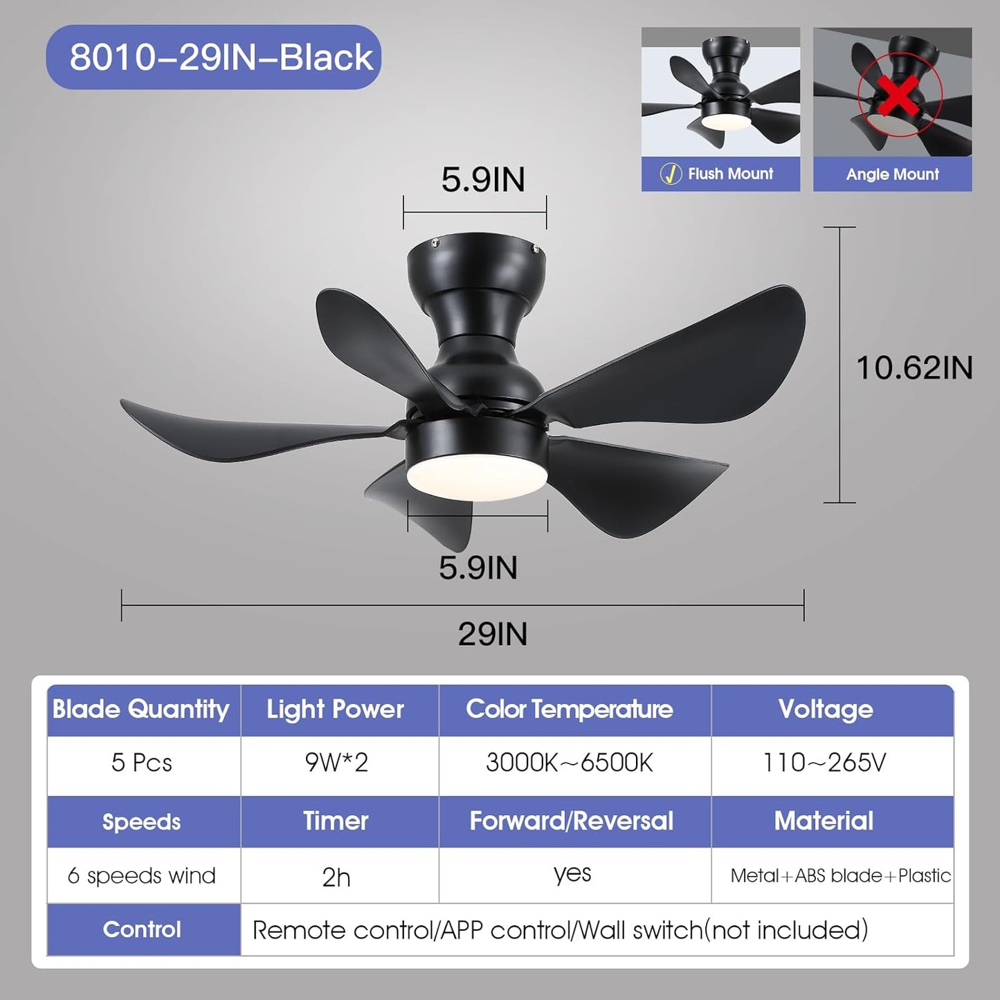 Modern Ceiling Fans with Lights Remote/APP Control, 29" Flush Mount Ceiling Fans with 3 CCT Dimmable Lights, Low Profile Ceiling Fans with 5 Propeller Blades LED Lights for Kids Room Bedroom, Brown - PuriLite
