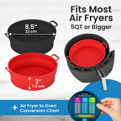 Collapsible Silicone Air Fryer Basket Liners Pot - AirFryer Liners Reusable Bowls for 5 Quart or Bigger - Air Fryer Accessories 2 Pack - Round Silicone Liners (Red & Black)