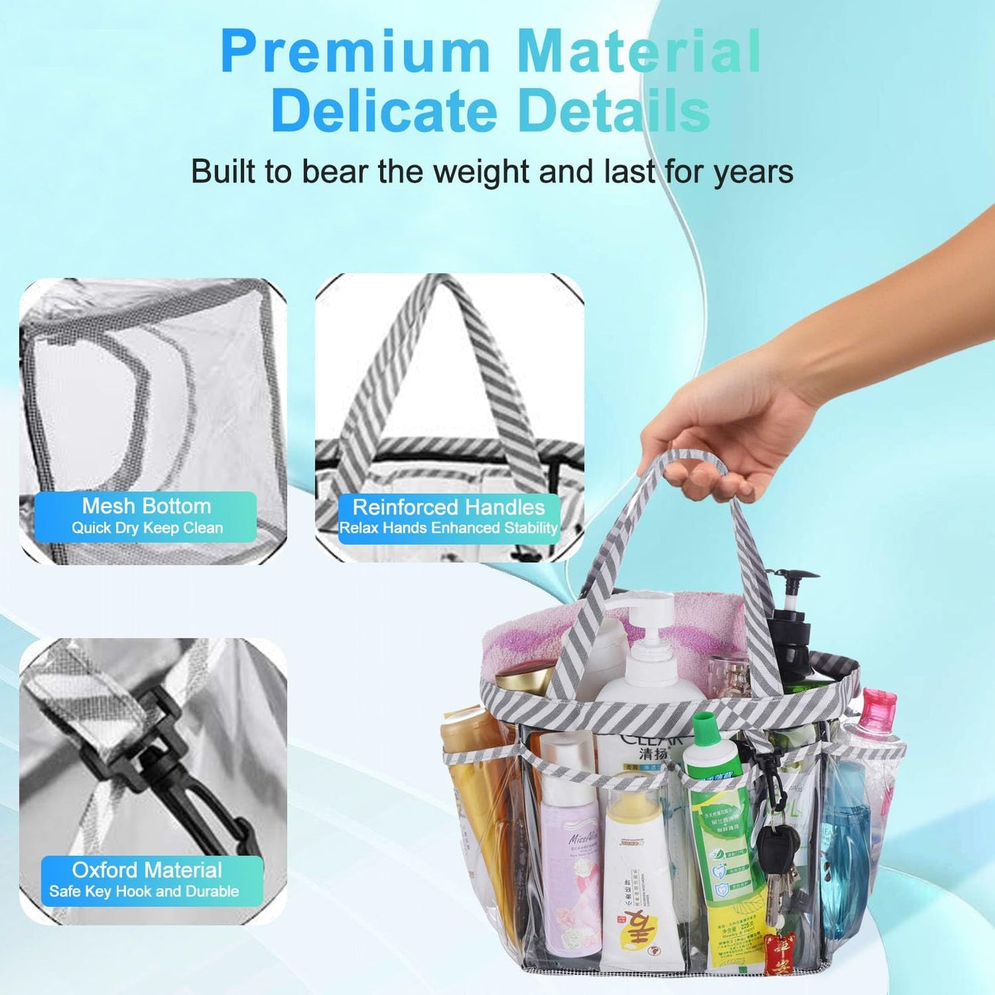 Mesh Shower Caddy Tote, Large College Dorm Bathroom Caddy Organizer with Key Hook and 2 Oxford Handles, Quick Hold, 8 Basket Pockets for Camp Gym