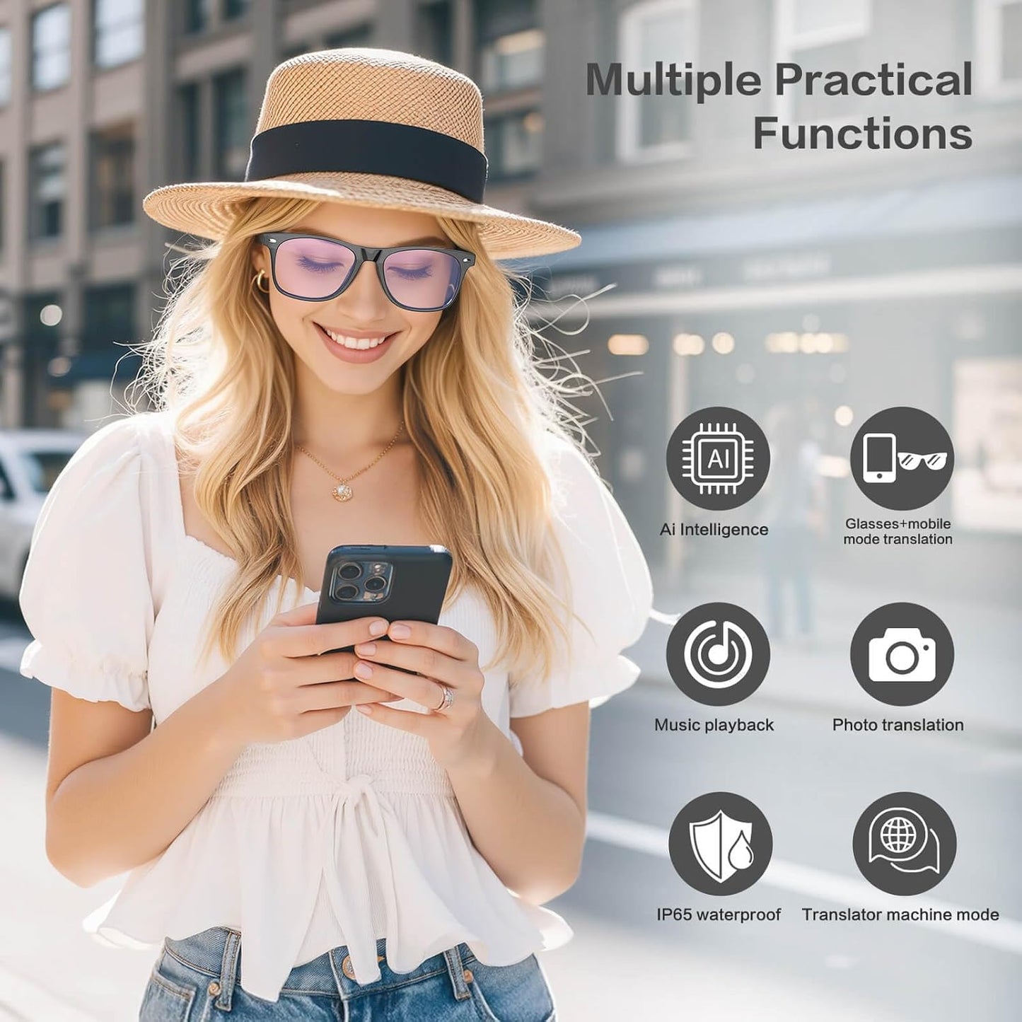 2025 AI Translation Smart Glasses for Men Women,7 Day Ultra-Long Standby,Anti-Blue Light/UV400,Bluetooth Glasses with 163 Translation,IP65 Waterproof,Multifunctional Sunglasses for Android iOS Black