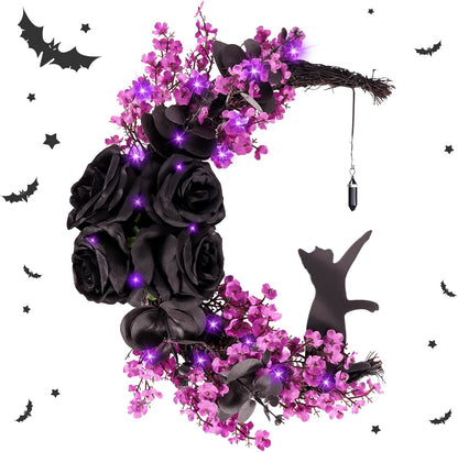 Black Cat Crescent Moon Wreath Light Up, Halloween Wreath Decorations for Front Door, Thanksgiving Autumn Indoor Outdoor Fall Decor