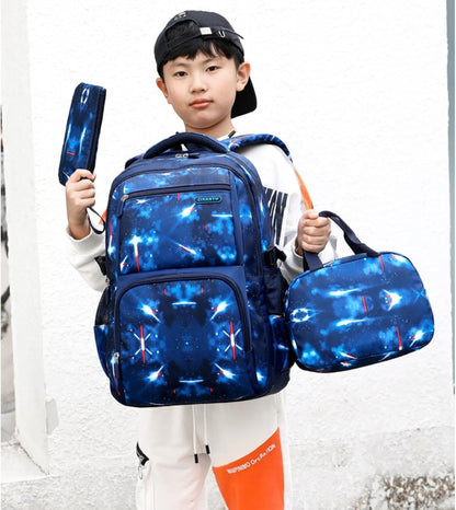 Boys Backpacks Primary Junior High School Bag Kids Bookbag with Lunch Bag 3 in 1 Casual Daypack Set Space Galaxy Durable Knapsack