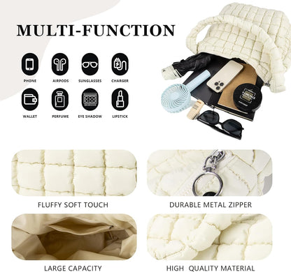 Quilted Puffer Tote Bag Large Crossbody Shoulder Bag with Zipper, Nylon Hobo Oversized Handbag