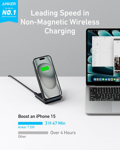 Anker 313 Wireless Charger (Stand), Qi-Certified for iPhone 14/14 Pro/14 Pro Max/13/13 Pro Max, 10W Fast-Charging Galaxy S20, S10 (No AC Adapter)
