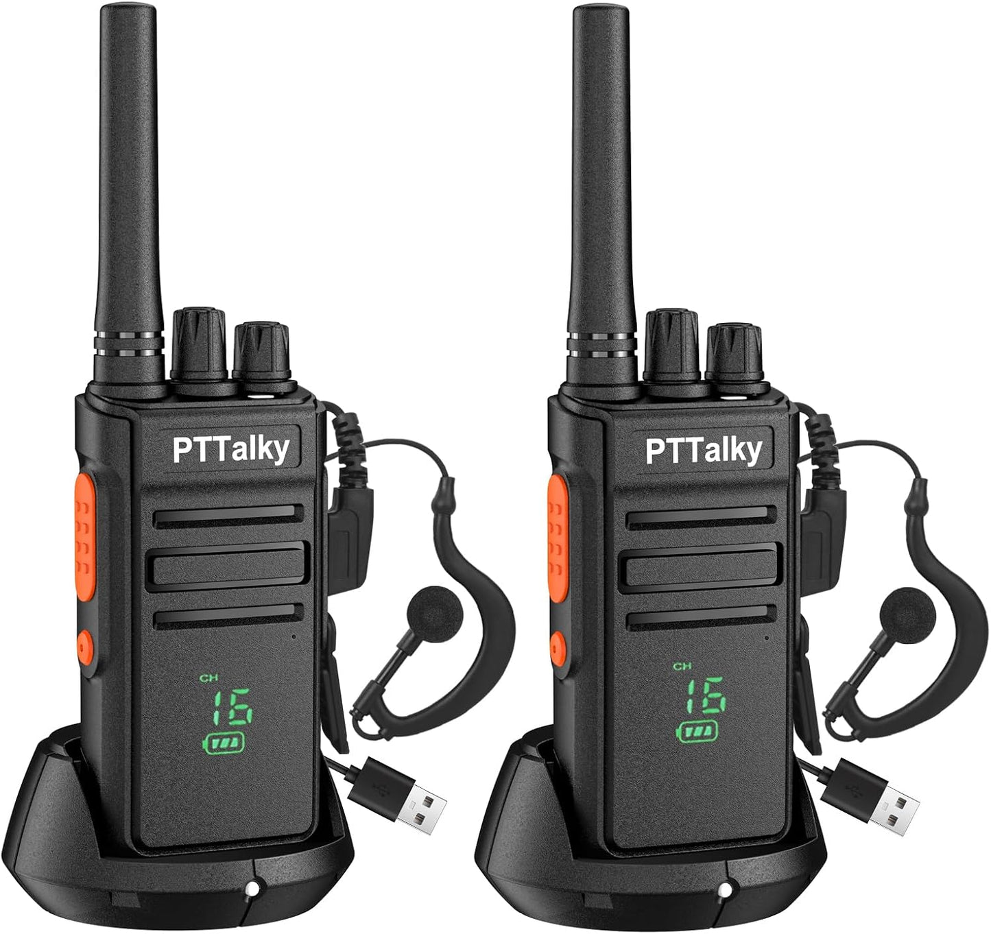 PTTalky FR1 Walkie Talkies for Adults Long Range, Rechargeable 2-Way Radio Walkie Talkie with Charge Cable Charger Dock for Hunting Commercial Cruises (2 Pack)