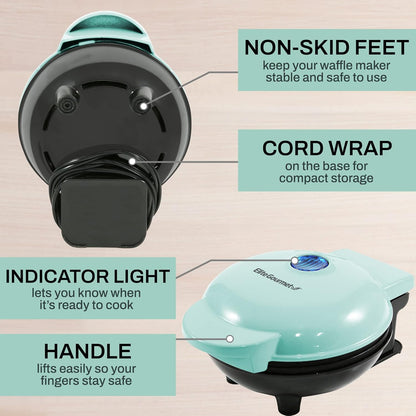 Elite Gourmet EWM015M Electric Nonstick Mini Waffle Maker, Belgian Waffles, Compact Design, Hash Browns, Keto, Snacks, Sandwich, Eggs, Easy to Clean, Mint