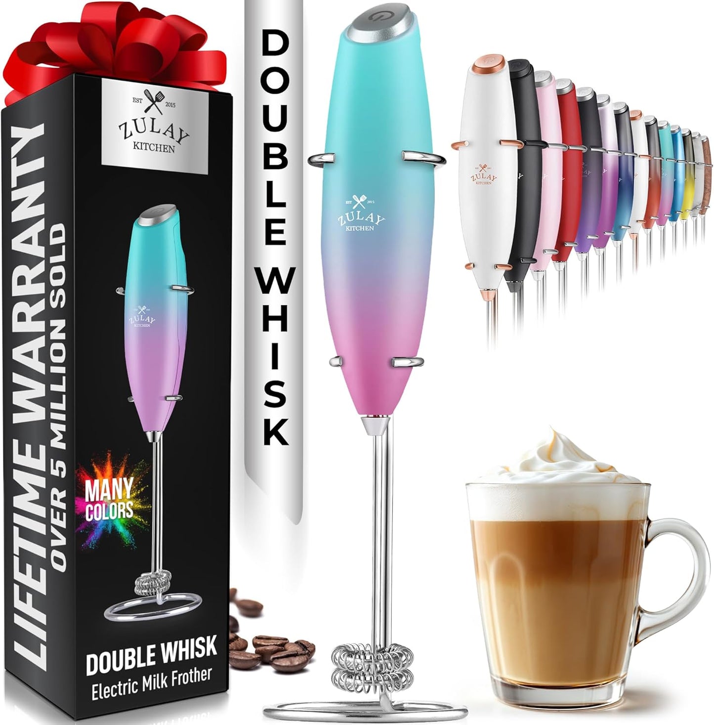 Zulay Kitchen Powerful Double Whisk Milk Frother Handheld - Foam Maker with Stand - Whisk Drink Mixer for Coffee, Mini Foamer for Latte, Matcha, Frappe, Hot Chocolate & Cappuccino (Black)