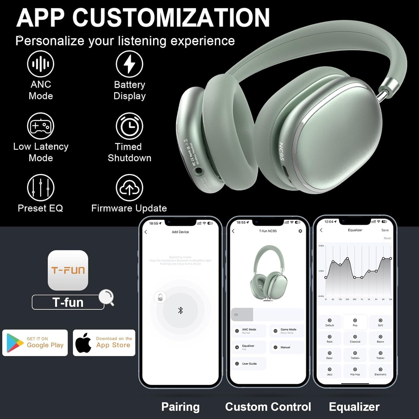 T-fun NC95 Hybrid Active Noise Cancelling Headphones with Knob Control, 65H Playtime Over Ear Headphones Wireless Bluetooth 5.3, App Control, Hi-Res Audio, Comfort Fit, Clear Calls for Travel/Workout