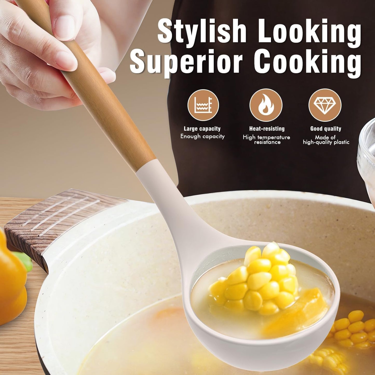 Silicone Cooking Utensils Set - Silicone Kitchen Utensils for Cooking Wooden Handles, 446°F Heat Resistant Kitchen Utensil Spatula Sets w Holder, Gadgets for Non-Stick Cookware BPA Free (Black)