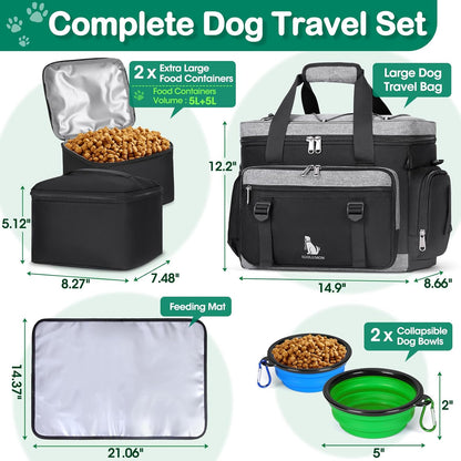 IGOLUMON Dog Travel Bag Weekend Pet Travel Bag Set for Supplies Large Dog Camping Kit Airline Approved Tote Organizer with Multi Pockets, 2 Large Food Containers, 2 Dog Bowls, 1 Feeding Mat