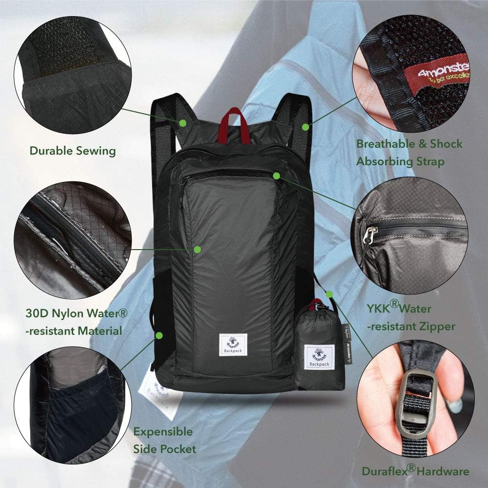 4Monster Hiking Daypack,Water Resistant Lightweight Packable Backpack for Travel Camping Outdoor