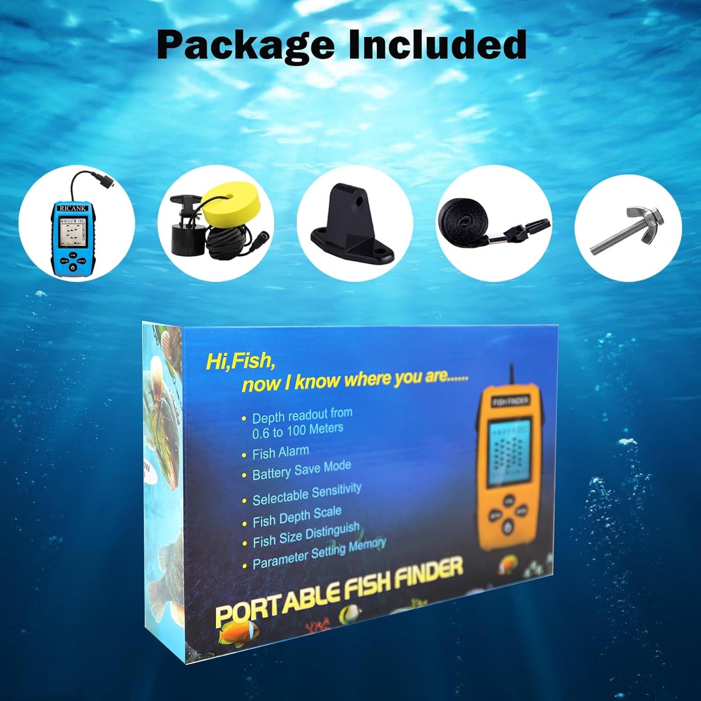 RICANK Portable Fish Finder, Handheld Fish Depth Finder Contour Readout Fishfinder Ice Kayak Shore Boat Fishing Fish Detector Device with Sonar Sensor Transducer and LCD Display Gear Fish Depth Finder