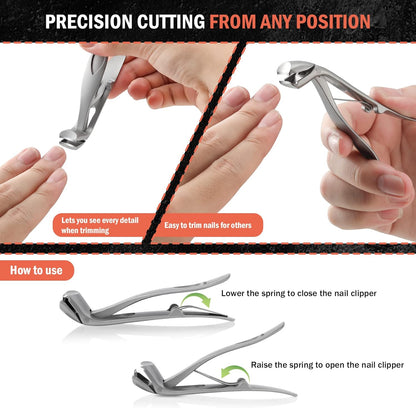 BEZOX Angled Head Nail Clippers for Seniors - Ergonomic Toenail Clipper for Thick Nails, Premium Steel Nail Cutter Trimmer with Catcher for Men and Women - Silver