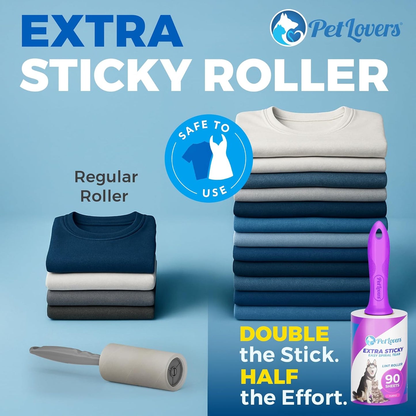 PetLovers Extra Sticky Lint Roller Mega Value Set for Pet Hair Removal, Dog and Cat Lint Remover (1 Pack Reusable)