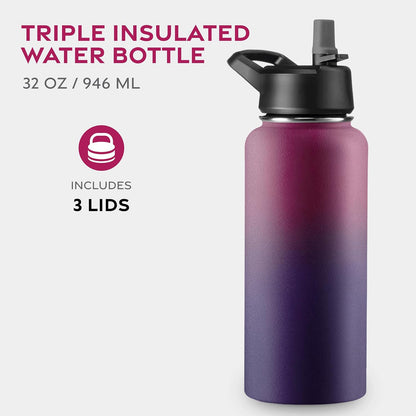 FineDine Water Bottle - Stainless Steel Insulated Water Bottle with Straw Lid, Flip Lid & Wide-Mouth Cap - Keeps Hot and Cold - 25 Oz / 739ml - Pure Pearly White