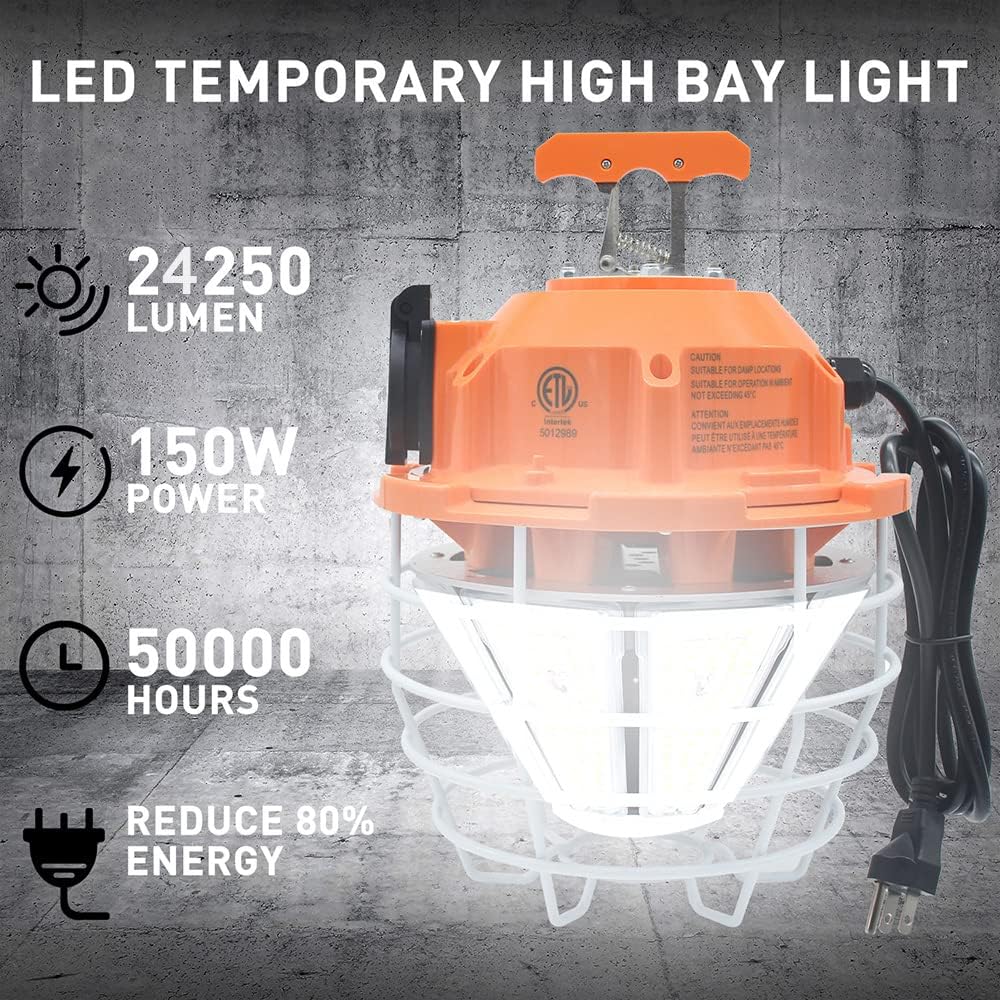 150W High Bay Outdoor Temporary LED Work Light 22500Lm 5000K Daylight White with Stainless Steel Guard and Hook Portable Hanging Lighting for Construction Job Site