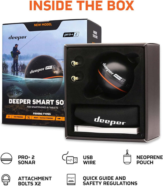 Deeper PRO+ 2 Sonar - Portable Fish Finder and Depth Finder for Kayaks, Boats and Ice Fishing with GPS Enabled | Castable Deeper Sonar with Free User Friendly App - PuriLite