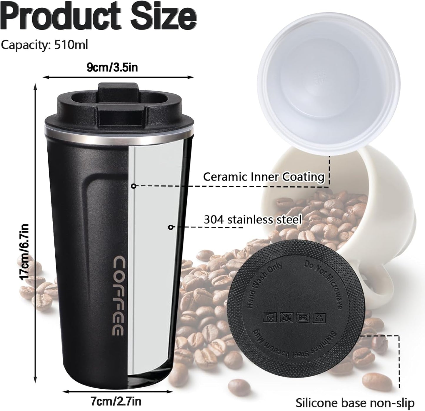 18oz Mug with Ceramic Coating Inside, Insulated Coffee Mug with Lid, Leak Proof Coffee Travel Mug, Travel Coffee Mug Fits in Car Cup Holder