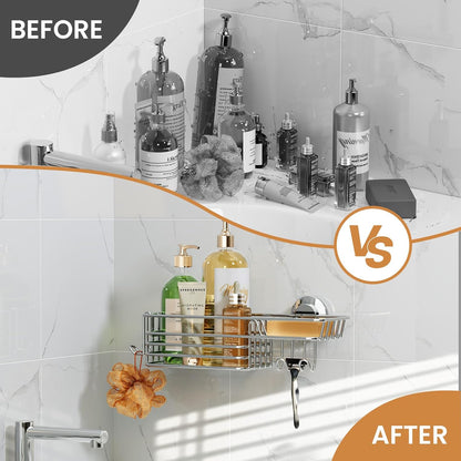 LEVERLOC Shower Caddy Suction Cup, 2 Pack Black Shower Shelf with Hooks and Soap Holder, NO-Drilling Bathroom Organizer, Rustproof Metal Bathroom Storage and Organization