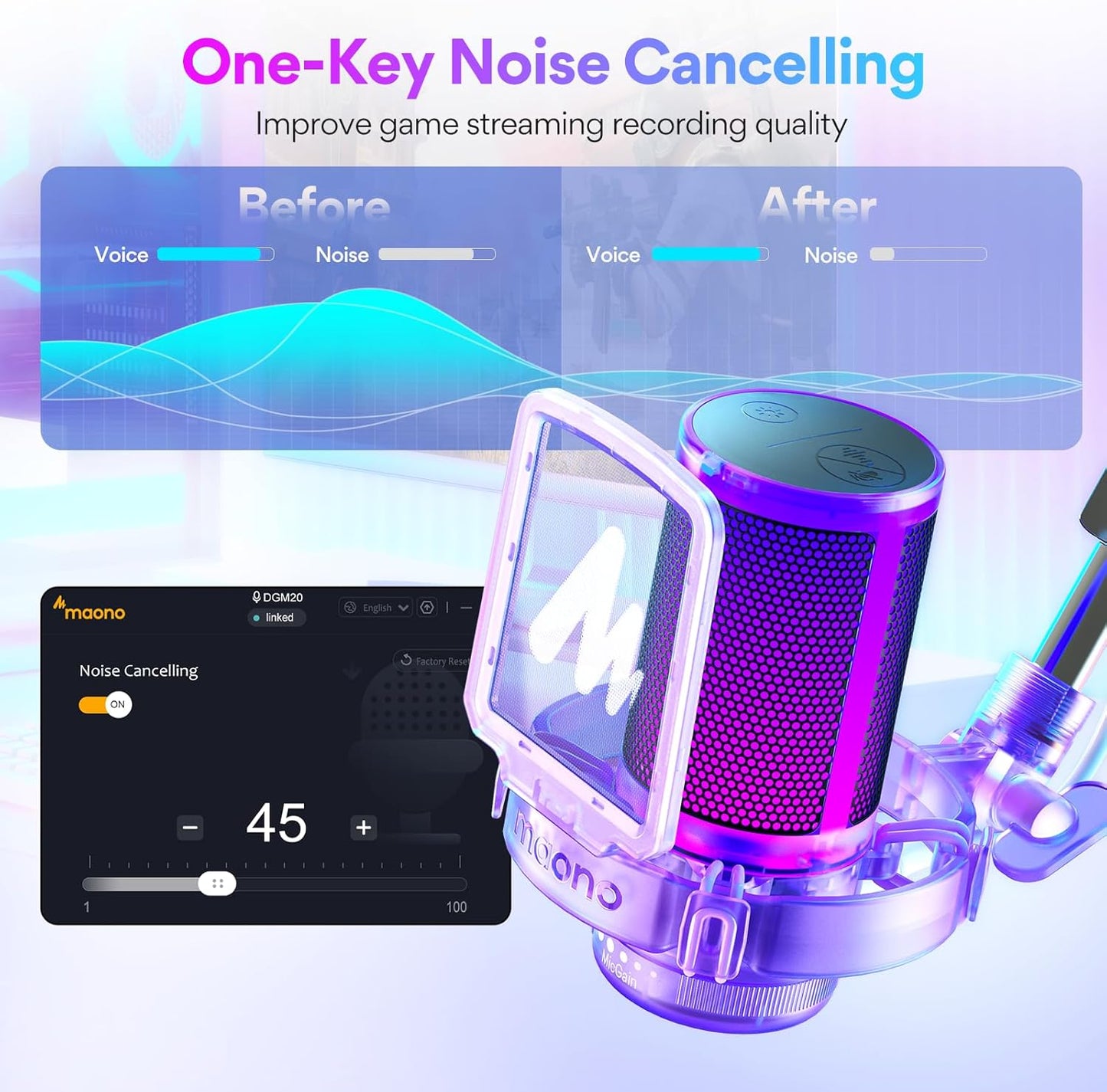 MAONO Gaming USB Microphone, Noise Cancellation Condenser mic with Mute, Gain, Monitoring, Boom Arm for Streaming, Podcast, Vocal, Twitch, YouTube, Discord, PC, Computer, PS4, PS5, Mac, DGM20S