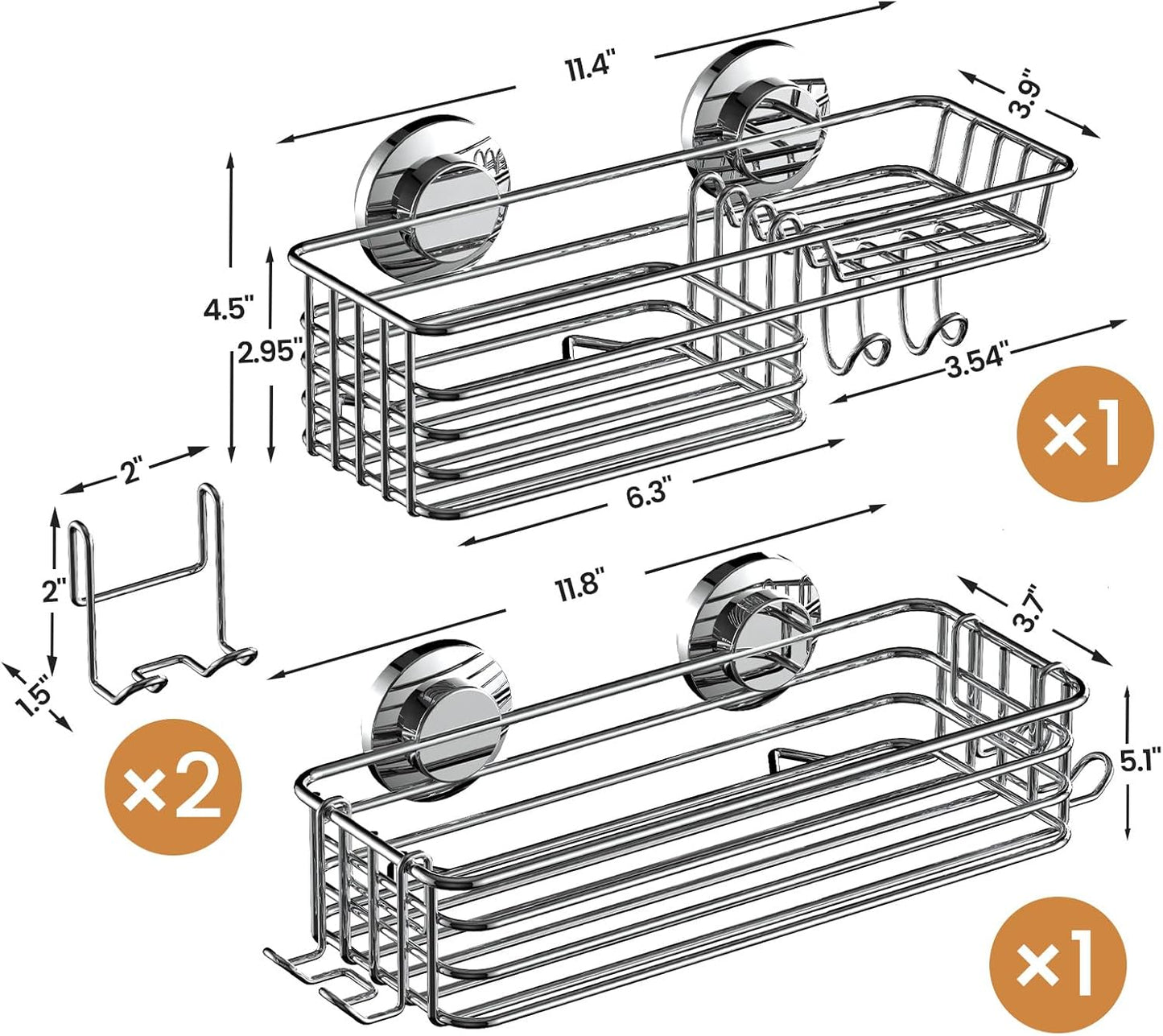 LEVERLOC Shower Caddy Suction Cup, 2 Pack Black Shower Shelf with Hooks and Soap Holder, NO-Drilling Bathroom Organizer, Rustproof Metal Bathroom Storage and Organization