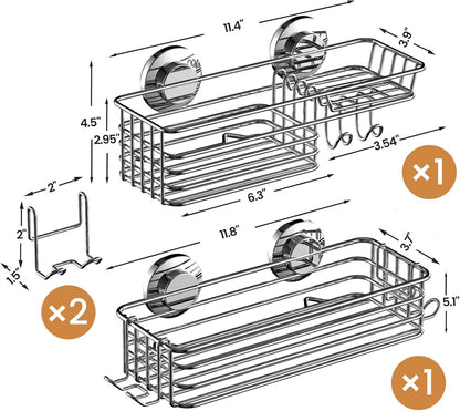 LEVERLOC Shower Caddy Suction Cup, 2 Pack Black Shower Shelf with Hooks and Soap Holder, NO-Drilling Bathroom Organizer, Rustproof Metal Bathroom Storage and Organization