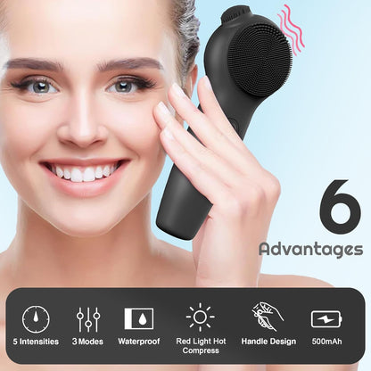 Landmore Silicone Face Scrubber, Waterproof Facial Cleansing Brush with Red Light Thermal Massage, Electric Face Scrubber with Nose Scrubber Exfoliator for Women/Men Deep Cleansing, Power Exfoliating
