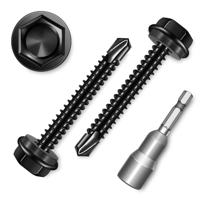 EASTPUK 100Pcs #8 x 1/2" Sheet Metal Screws, 410 Stainless Steel Self Drilling Hex Washer Head Self Tapping Screws for Metal with Drill Bit