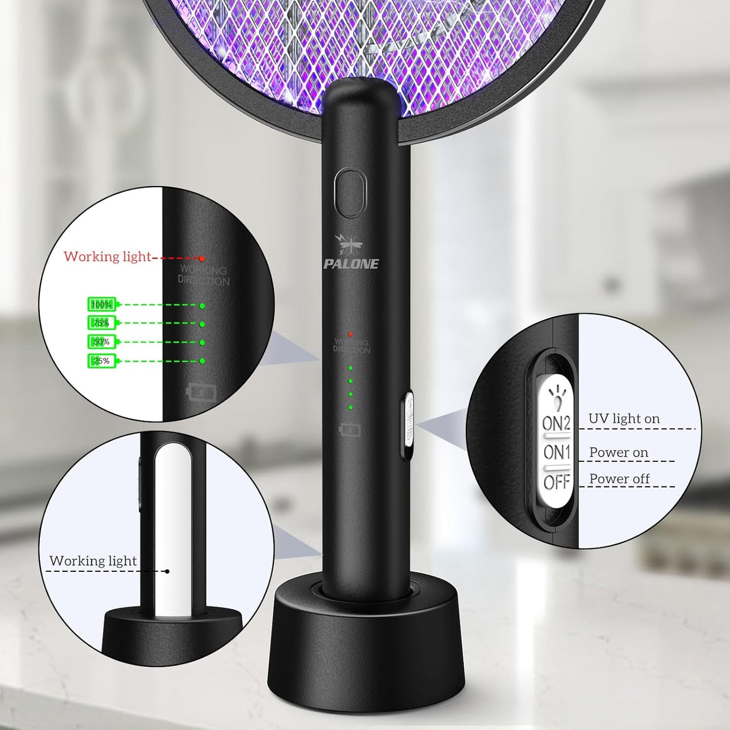PALONE Bug Zapper Racket, 4000V Electric Fly Swatter, 2 in 1 Electric Zapper with USB Rechargeable, Fly Zapper for Kitchen, Home, Garden