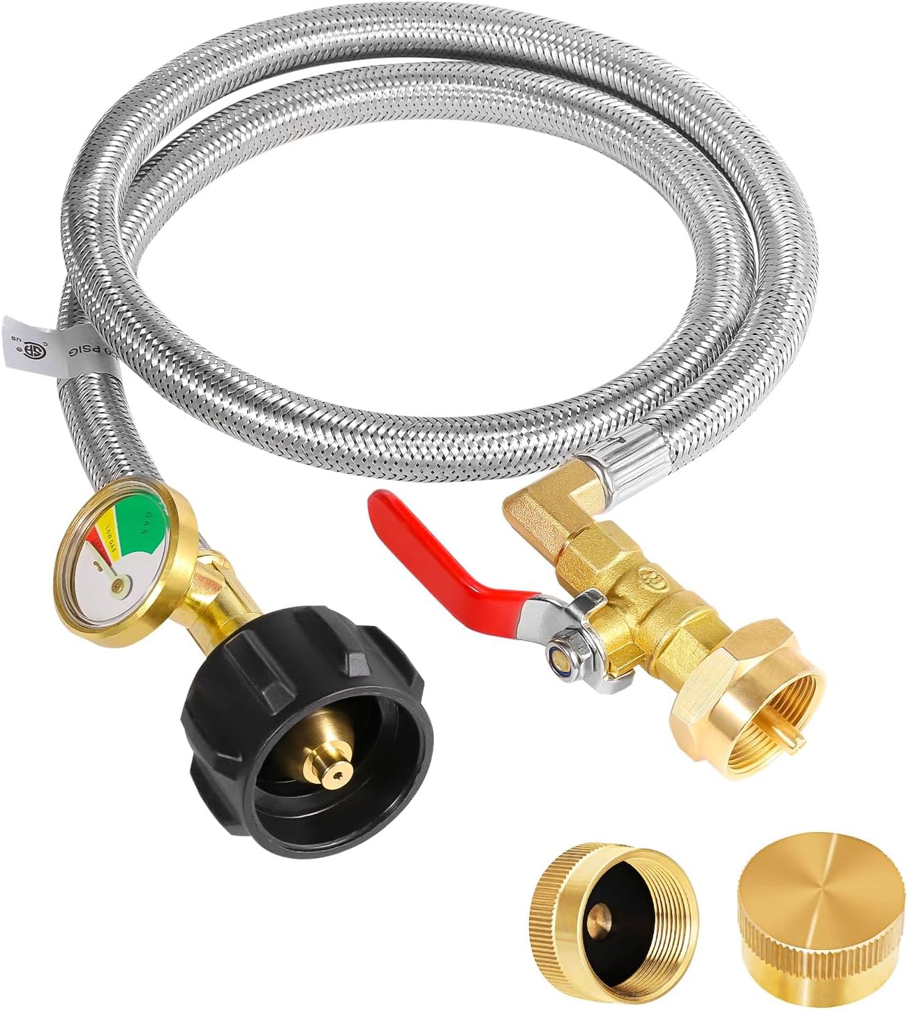 Propane Refill Adapter 20lb to 1lb Camping, Upgrade 3FT/36inch Propane Tank Refill Adapter Hose with Guage and ON-Off Control Valve, 2 Bottle Caps Included (PVC)