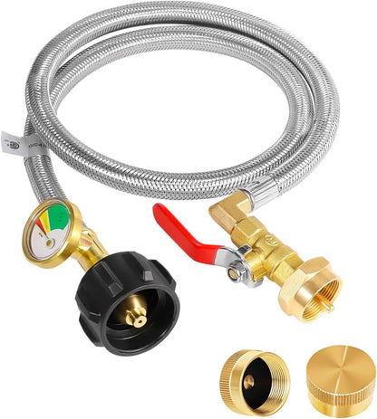 Propane Refill Adapter 20lb to 1lb Camping, Upgrade 3FT/36inch Propane Tank Refill Adapter Hose with Guage and ON-Off Control Valve, 2 Bottle Caps Included (PVC)