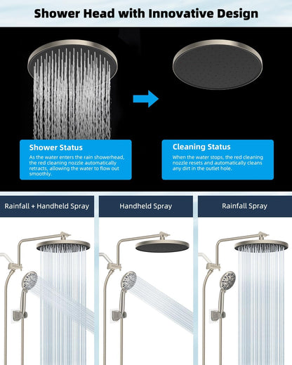 Metal Thickness Shower Head, 10'' High Pressure Rainfall Shower Head/Handheld Showerhead Combo with 12'' Adjustable Shower Extension Arm, 7-Spray, 71'' Hose, Showerhead Holder, Matte Black