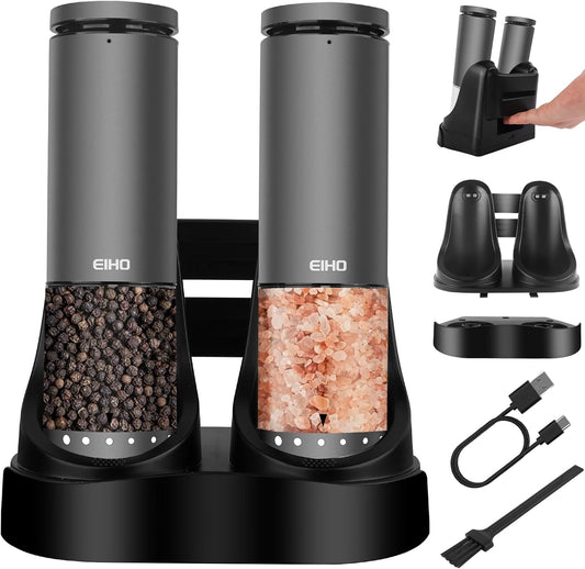 EIHO Electric Salt and Pepper Grinder Set USB Rechargeable, Upgraded External Adjustable Coarseness, Aluminum Alloy Automatic Salt and Pepper Shakers Mills with LED Light, House Warming Cooking Gifts - PuriLite