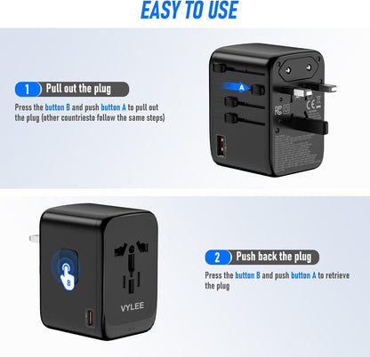 VYLEE Universal Travel Adapter, 65W Fast GaN International Power Adapter, 3PD USB-C+1QC USB-A European Travel Plug Adapter, US, UK, EU, AU Worldwide Travel Charger for Laptops, Tablets, Phones