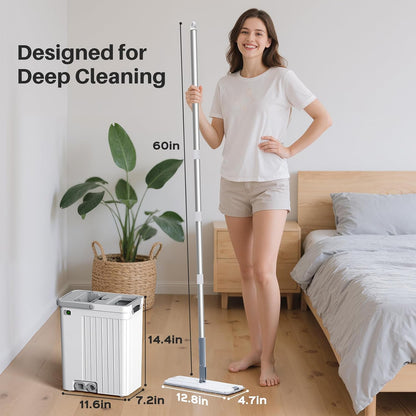 Mop and Bucket Set with AUTO Pump, 3-Zone Separate Dirty and Clean Water, Flat Mop and Bucket System with Wringer and Wheels, 4 Reusable Microfiber Pads, One-Touch Water Filling for Home Cleaning
