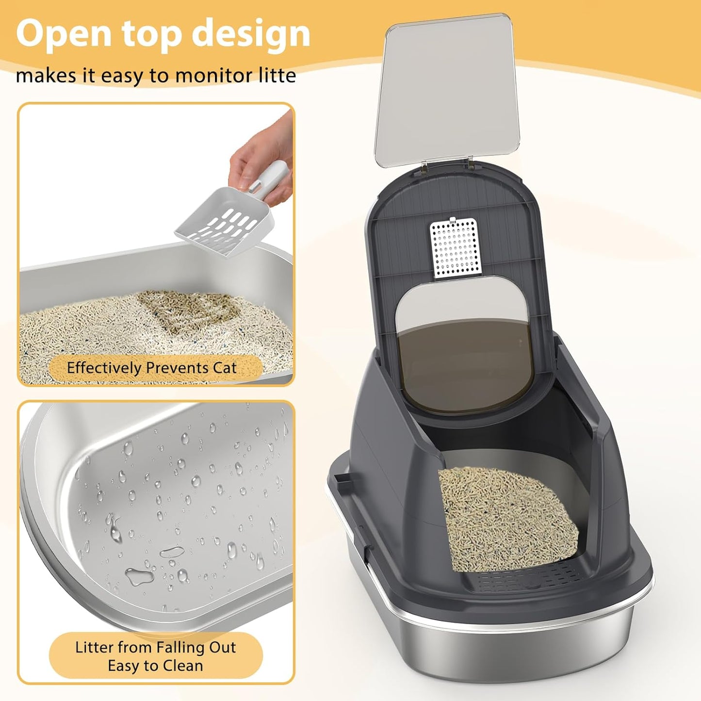 OGEMXU Stainless Steel Litter Box with Lid, Top Entry Covered Kitten Litter Box, Enclosed Litter Tray for Easy Cleaning & Odor Control, Includes Scoop and Litter Mat, Gray