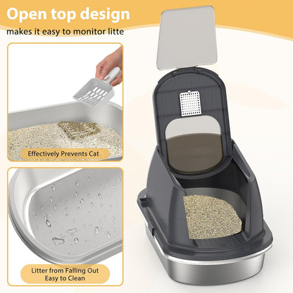 OGEMXU Stainless Steel Litter Box with Lid, Top Entry Covered Kitten Litter Box, Enclosed Litter Tray for Easy Cleaning & Odor Control, Includes Scoop and Litter Mat, Gray
