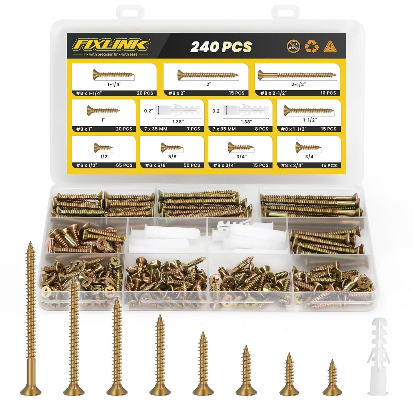 Wood Screws Assortment Kit, FIXLINK 240 PCS High Hardness Flat Head Wood Screws Set, Phillips Drive Screws, Contain 15PC Drywall Anchor and 8 Size (2-1/2”,2”,1-1/2”,1-1/4”,1”,3/4”,5/8”,1/2”), Black